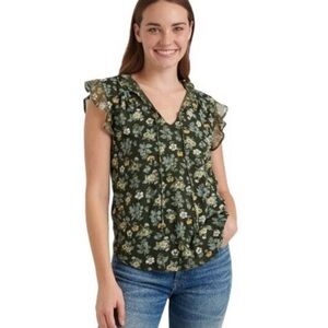 Lucky Brand Olive Green Floral Ruffle Sleeve V Neck Blouse Top